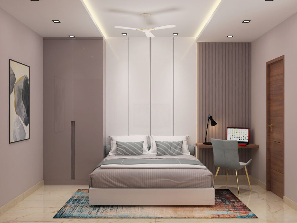 Bedroom color combinations as per vastu with modern false ceiling design and study desk nook