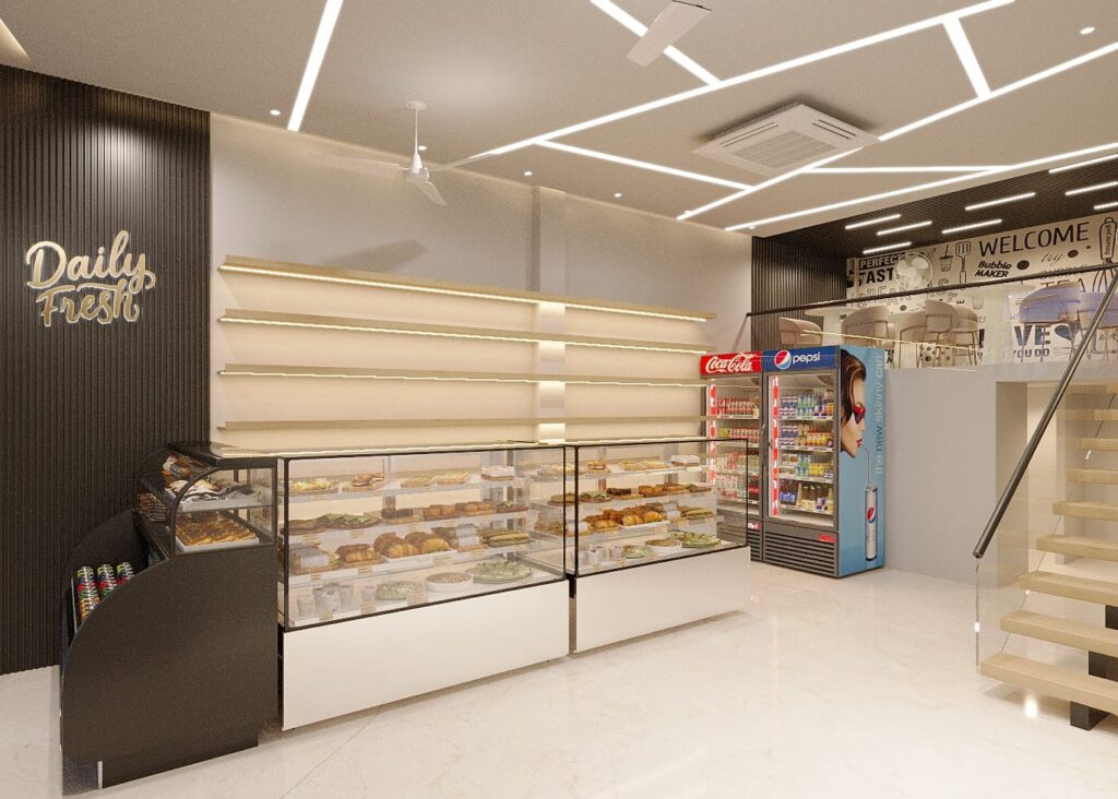 Modern bakery store interior design featuring glass display counters and geometric false ceiling profile lights