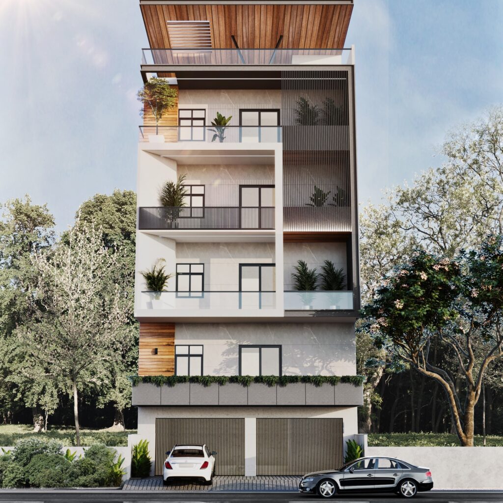 Modern home elevation design featuring contemporary balconies and Vastu compliant residential architecture