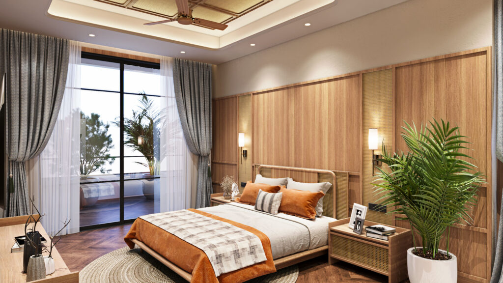 Bedroom color combinations as per vastu featuring warm wooden wall paneling, ceiling cove light, and terracotta accents