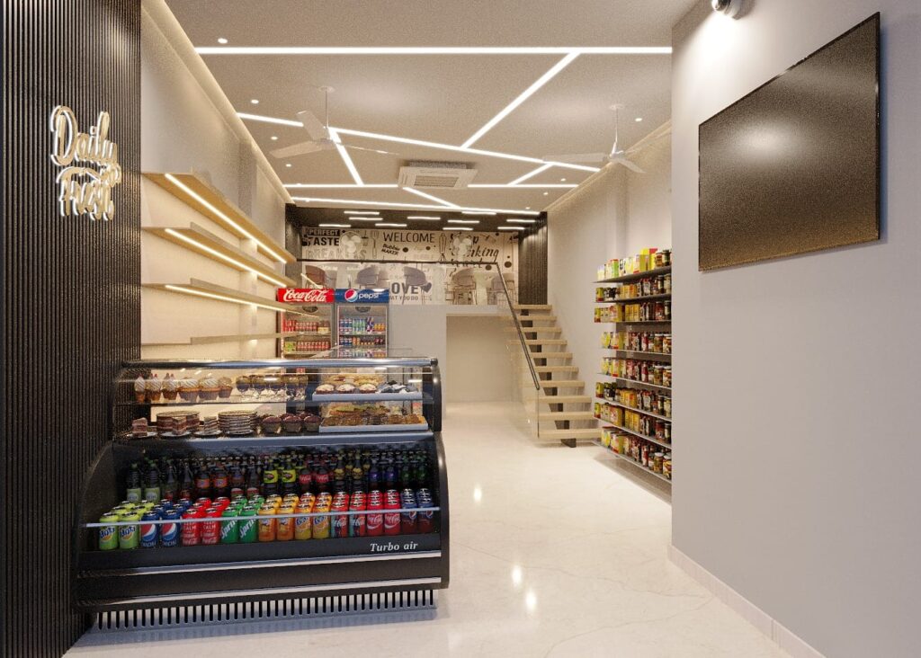 Modern bakery and cafe interior design with illuminated glass display counter, linear LED ceiling lights, and custom wall shelving