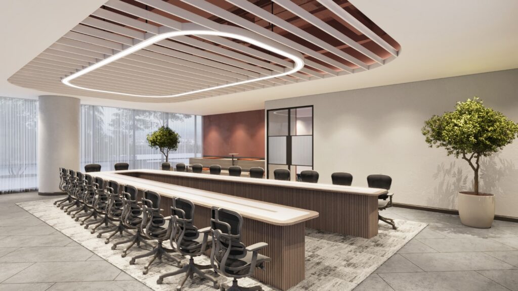 Modern conference room interior design with a large U-shaped wooden meeting table, ergonomic mesh chairs, acoustic baffle ceiling, and ring pendant lighting