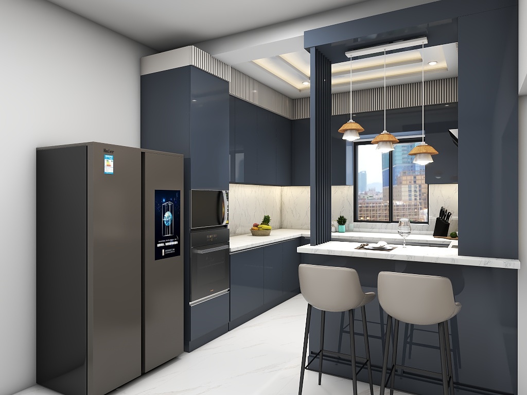 Modern semi-open modular kitchen design with breakfast counter island, bar stools, navy blue cabinets, and pendant ceiling lights