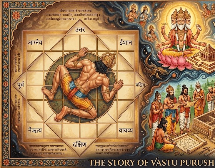 Vastu Purusha Mandala illustration showing the cosmic man lying within the sacred grid surrounded by Vedic deities and Lord Brahma