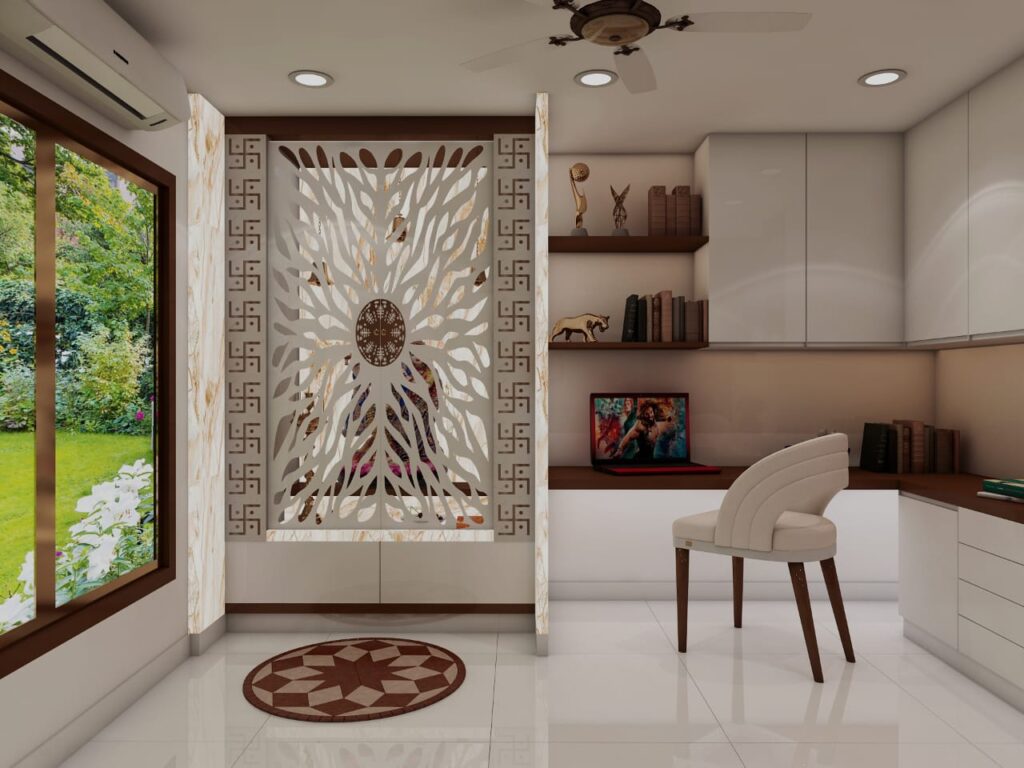 Modern home pooja room and study area with backlit CNC jali partition, Swastik motifs, and minimalist wooden study desk