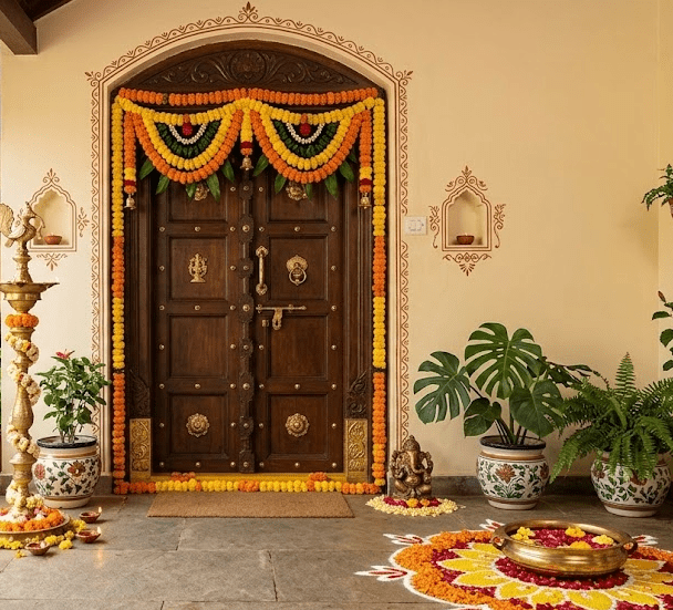 Traditional Indian main entrance door made of carved solid wood with brass hardware, festive marigold toran, Ganesha idol, brass urli with flowers, deepam lamp, and potted indoor plants