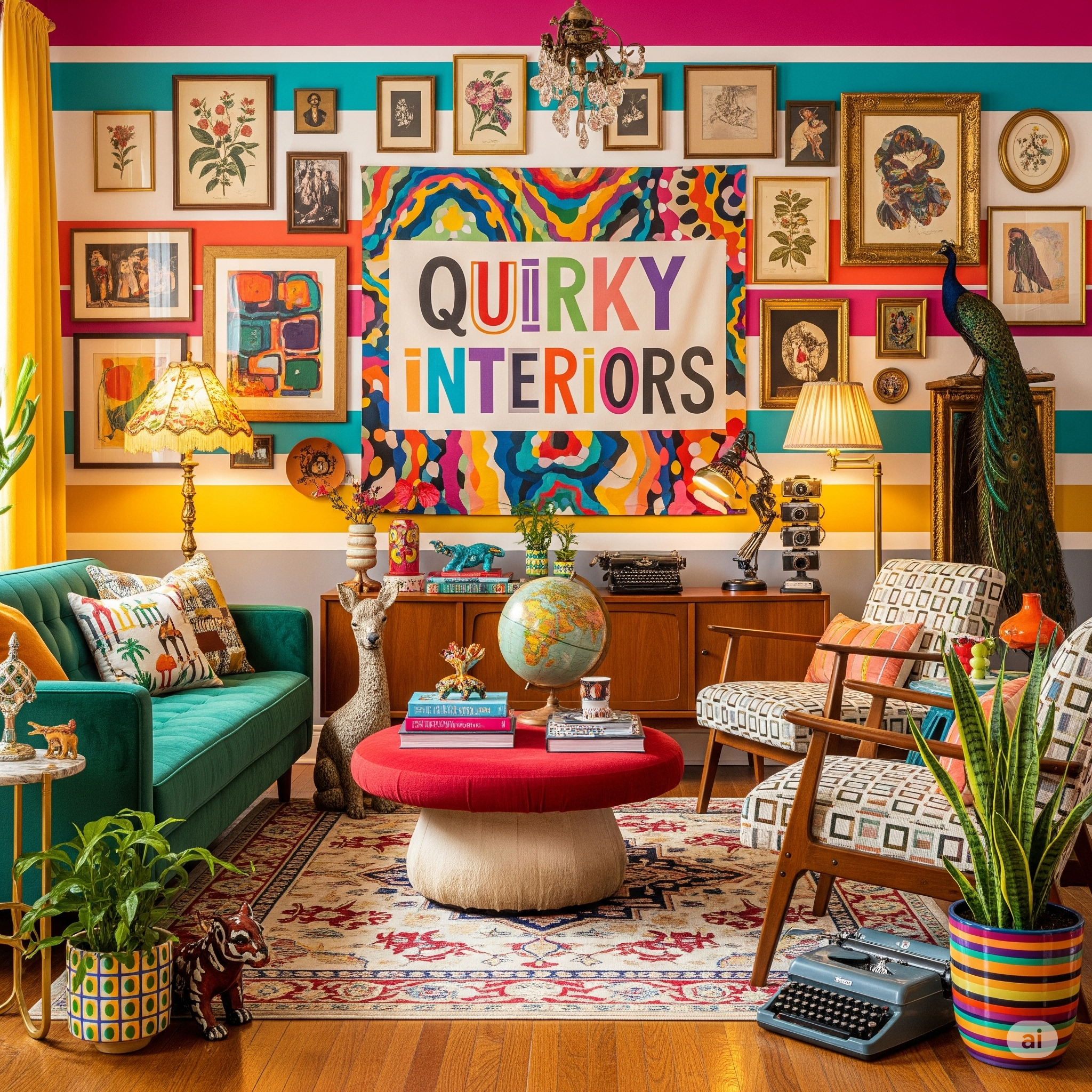 Maximalist eclectic living room interior featuring Quirky Interiors banner gallery wall, emerald green sofa, mid-century armchairs, and colorful vintage decor