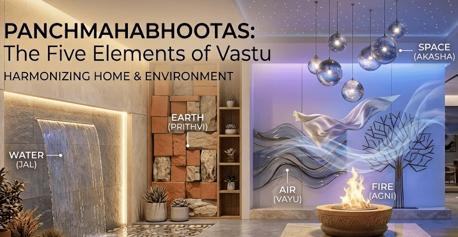Panchamahabhootas five elements of Vastu interior design concept featuring water feature, stone earth wall, fire pit, flowing air ribbons, and cosmic pendant lights