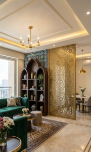 Luxury living room interior featuring gold brass jali partition screen, arched bookshelf, emerald green velvet sofa, chandelier, and cove false ceiling lighting