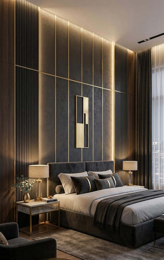 Modern luxury master bedroom with dark charcoal fluted accent wall paneling, vertical LED cove lighting, gold brass inlays, and upholstered bed
