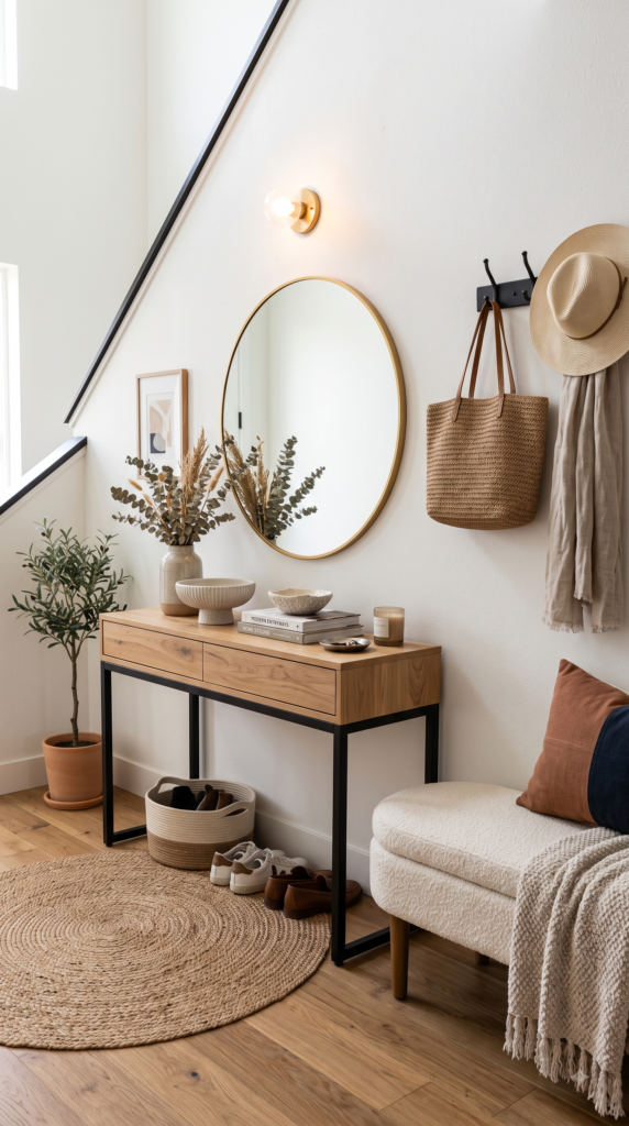 Modern entryway console table and accent furniture ideas featuring wooden console desk, sunburst mirror, rattan armchair, and stylish coffee table