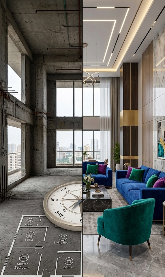 Split-screen comparison showing raw concrete construction site with Vastu floor plan transformed into a luxury living room with marble flooring and velvet blue sofas