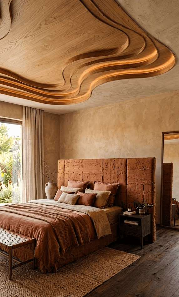Modern organic bedroom interior featuring a layered parametric wood false ceiling with cove lighting, terracotta textured headboard, linen bedding, and limewash walls