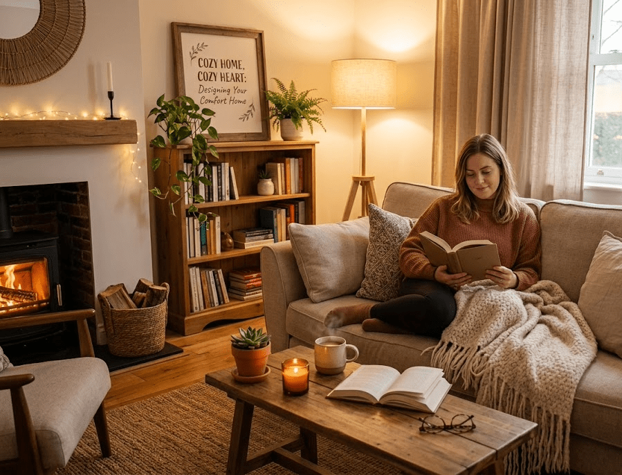 Cozy rustic living room interior with a woman reading on a beige sofa by a burning fireplace, wooden coffee table, bookcase, warm floor lamp, and framed typography print