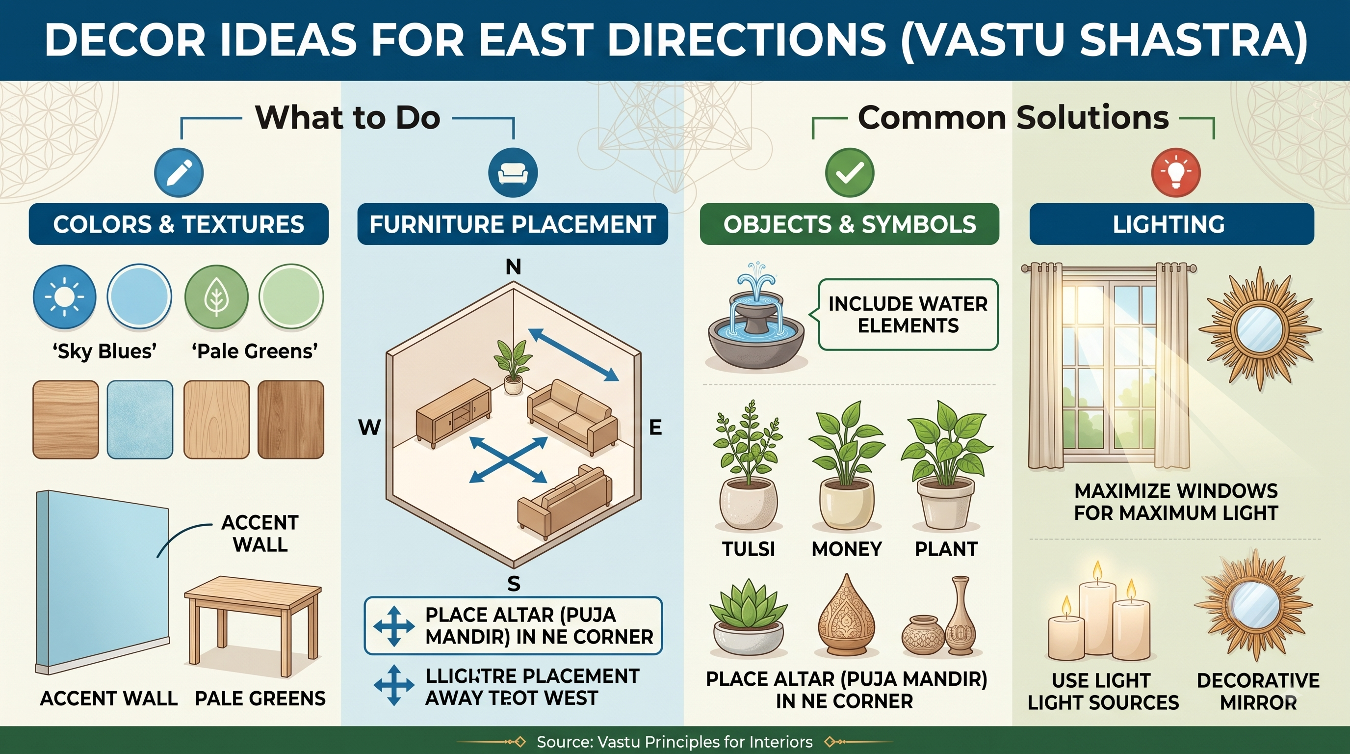 Vastu Shastra decor ideas for east direction infographic showing color schemes, furniture placement, indoor plants, water features, and lighting principles
