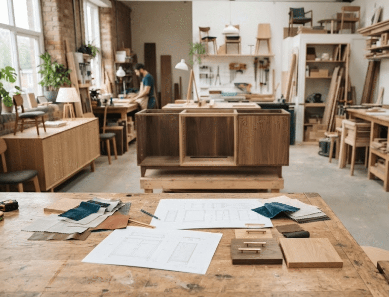 Bespoke wooden furniture and material swatches laid out on a workshop desk with a custom wooden credenza and artisan carpentry studio in the background.