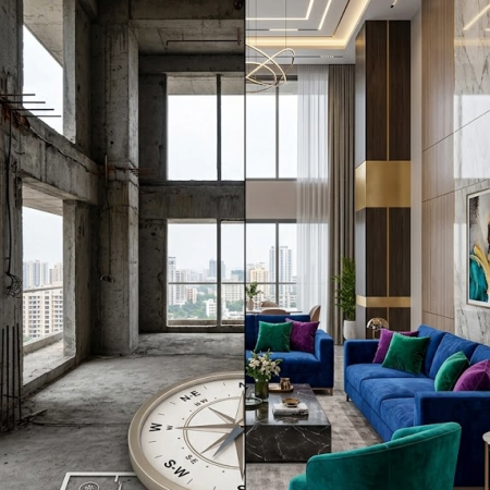 Split-screen comparison showing raw concrete construction site with Vastu floor plan transformed into a luxury living room with marble flooring and velvet blue sofas